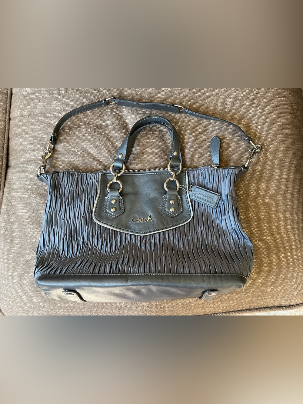 Coach Ashley gray ruched satin & leather purse. NWOT